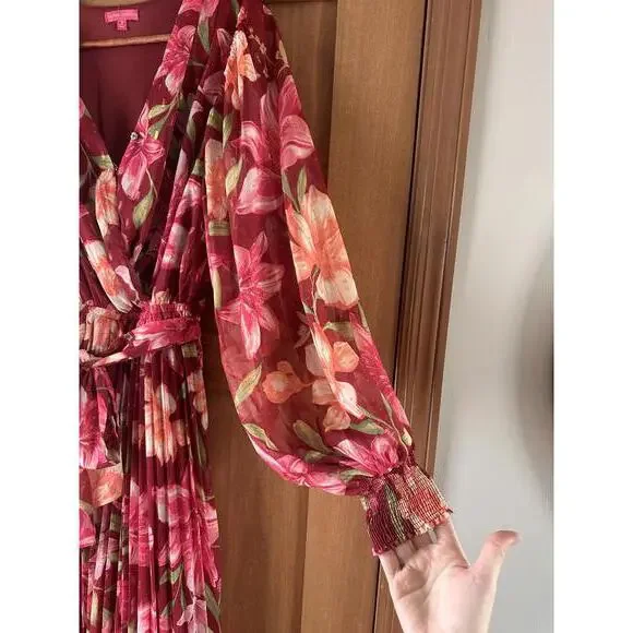 Flying Tomato Pink Floral Long Puff Sleeve Tie Waist Maxi Dress Women’s Small - Picture 4 of 13